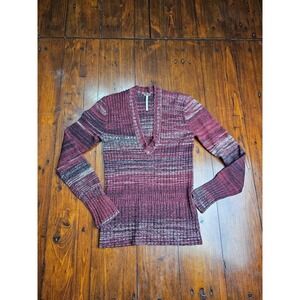 Free People Burgundy Ribbed V-Neck‎ Pullover Sweater Knit Top XS